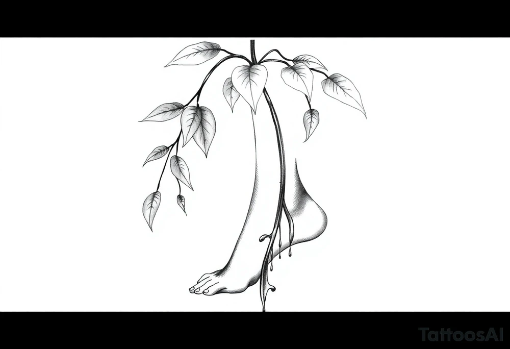 plant with long leaves, dripping like ink, growing up the left foot to the cleavage tattoo idea