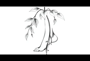 plant with long leaves, dripping like ink, growing up the left foot to the cleavage tattoo idea