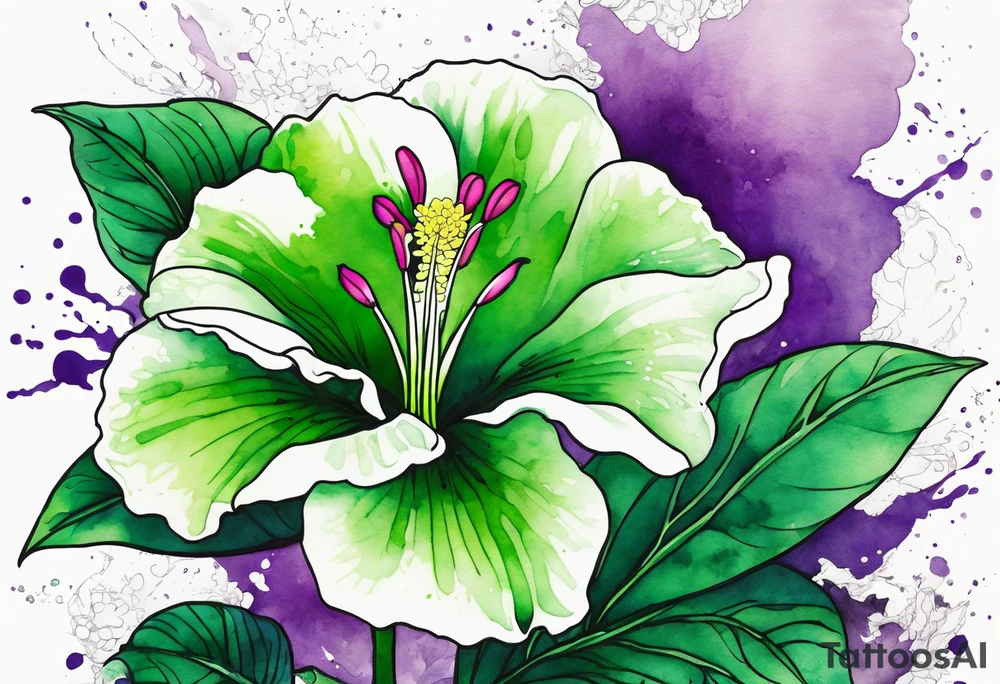 An outline of an only green rio dipladenia flower and a green and purple watercolor splash in the background tattoo idea
