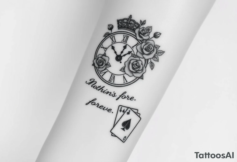 Roman clock with roses and a crown,  a quote that says nothings forever. and on the bottom a deck of cards tattoo idea