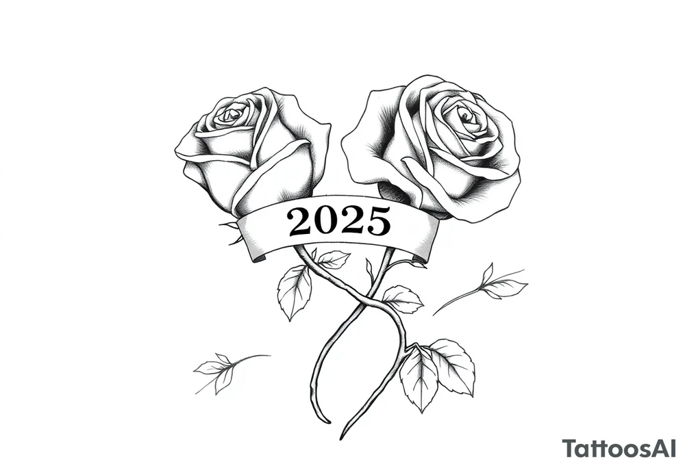 two beautiful rose buds, side by side, with many leaves and their stems intertwined, representing two people in love. Include a banner connecting the two roses with "2025" on it.  The word "Rose" written in Kanji above the drawing.  Use dark outlines with little shading. The two stems should connect and join into one stem, whimsically curved or twisted - not straight down. tattoo idea