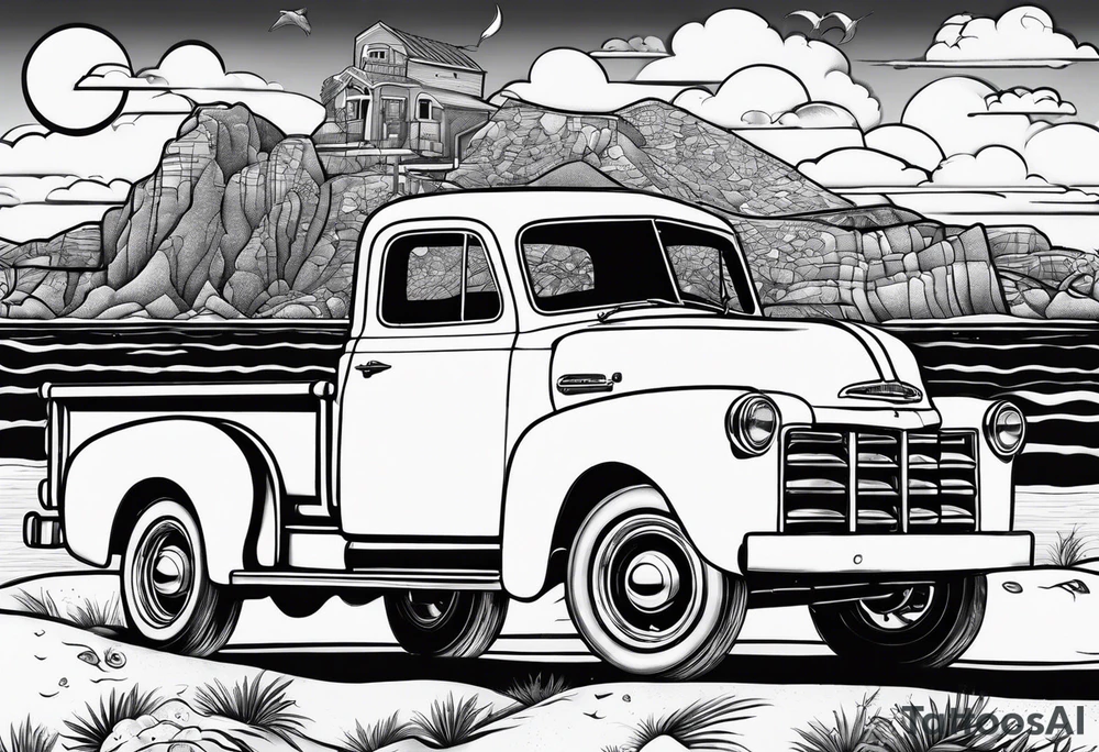Beach theme, classic truck,  bikini girl tattoo idea