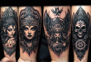 black kali, goddess pirate, alien, angel, pachamama, valkrye, warrior, flying, skull, lotus azul, wing, eagle, zenza resonance, stars, 5D, anahata chakra, death, durga, riding on a tiger, flying lady tattoo idea