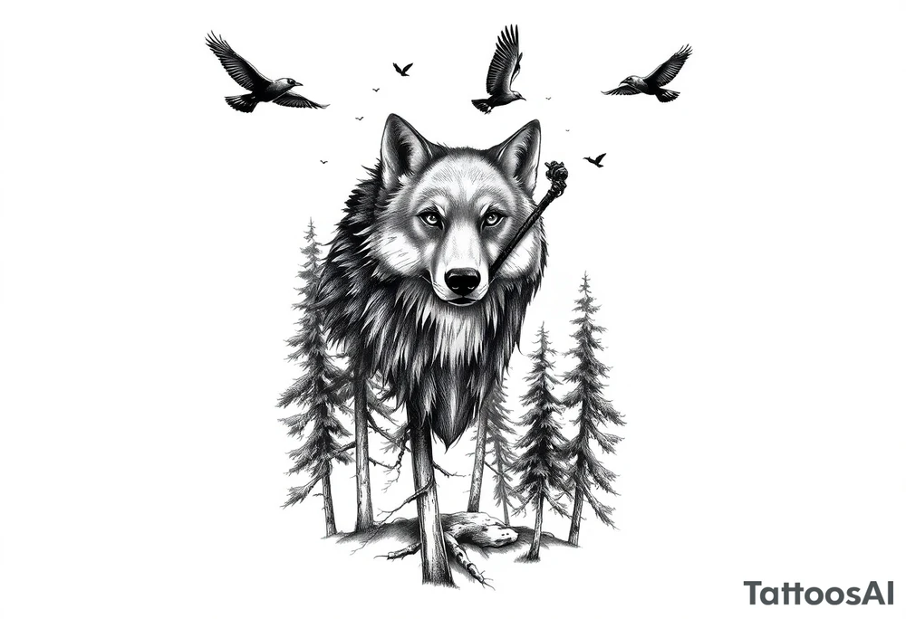Tall pine trees with a large wolf head hovering in the foreground and 4 ravens flying overhead tattoo idea