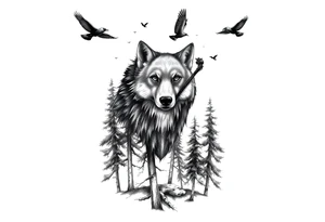 Tall pine trees with a large wolf head hovering in the foreground and 4 ravens flying overhead tattoo idea