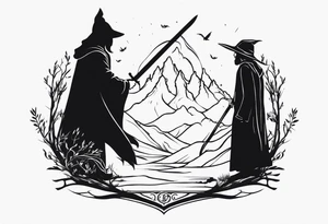 Lord of the rings main with Harry Potter mashup but clear independent visual symbolism of both movies. Small and minimal. tattoo idea