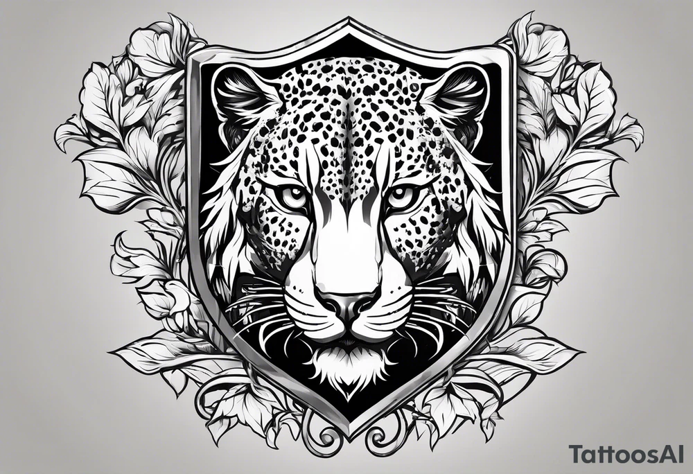 A shield with small leopar head as shield's emblem. The shield would be hang on a ivy planted wall tattoo idea