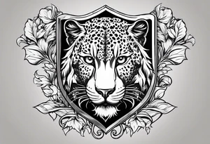 A shield with small leopar head as shield's emblem. The shield would be hang on a ivy planted wall tattoo idea