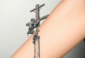 power lineman climbing a wooden 12kv pole. Make the pole a cross that has a hidden resemblance to god. Make the lineman Mexican tattoo idea