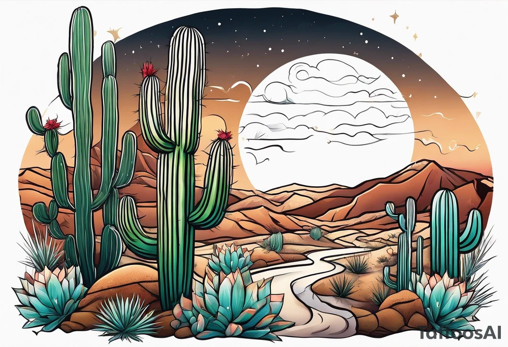 A dessert scenery with a cactus and tumble weeds tattoo idea