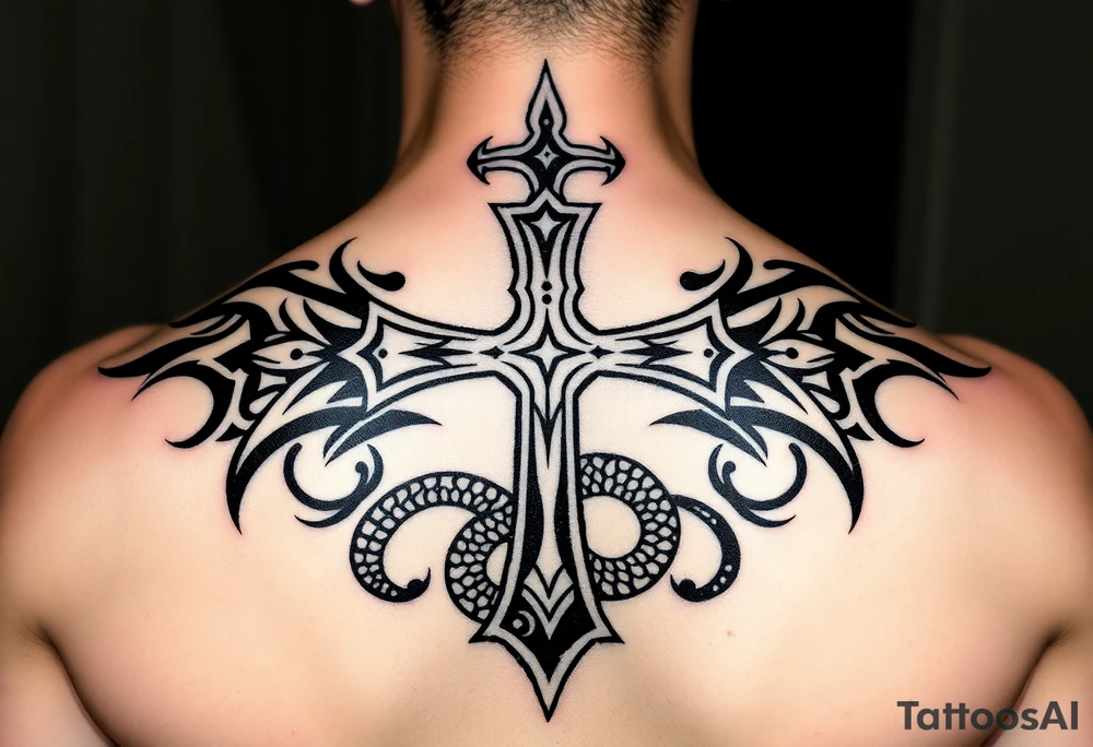 A cross slaying the snake tattoo idea