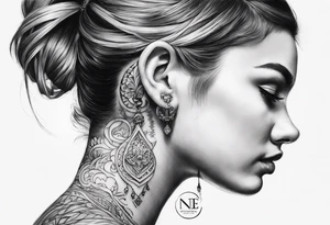 a tattoo below the ear written "N&E" tattoo idea