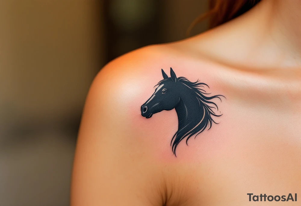 Sunset Silhouette Horse – A black horse head in profile against a warm gradient sunset background with tones of orange, red, and gold. tattoo idea