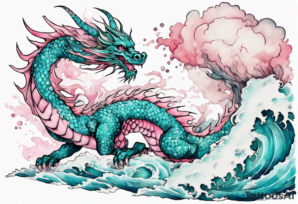 a gentle turquoise and pink luck dragon emerging from the stormy sea tattoo idea