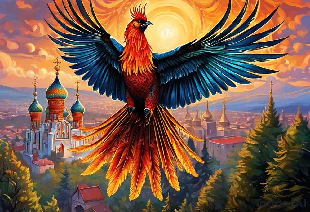 russian firebird in-flight with fancy tail and small onion cap monastery towers in background, with "Isaiah 43: 18-19" tattoo idea