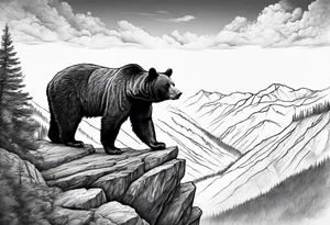 Large thigh tattoo, realism, black and white, black bear standing on a cliff with the valley as the background tattoo idea