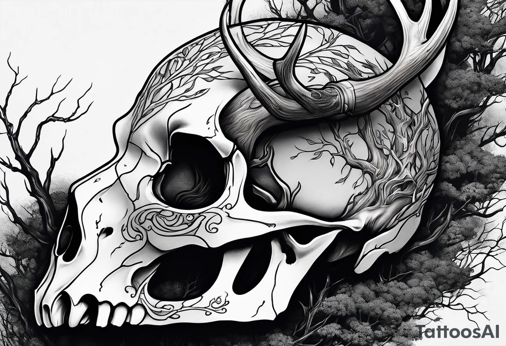 A side view of a decayed deer skull with no skin JUST BONE surrounded by trees and fire tattoo idea