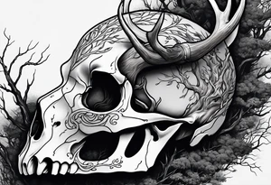 A side view of a decayed deer skull with no skin JUST BONE surrounded by trees and fire tattoo idea