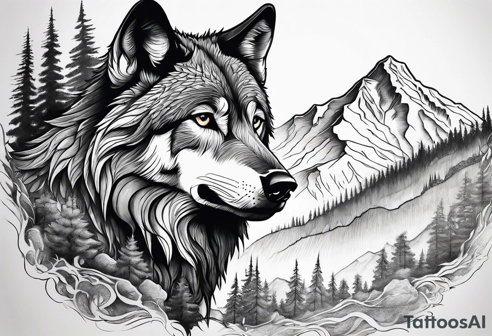 Mountains, wolf in it tattoo idea