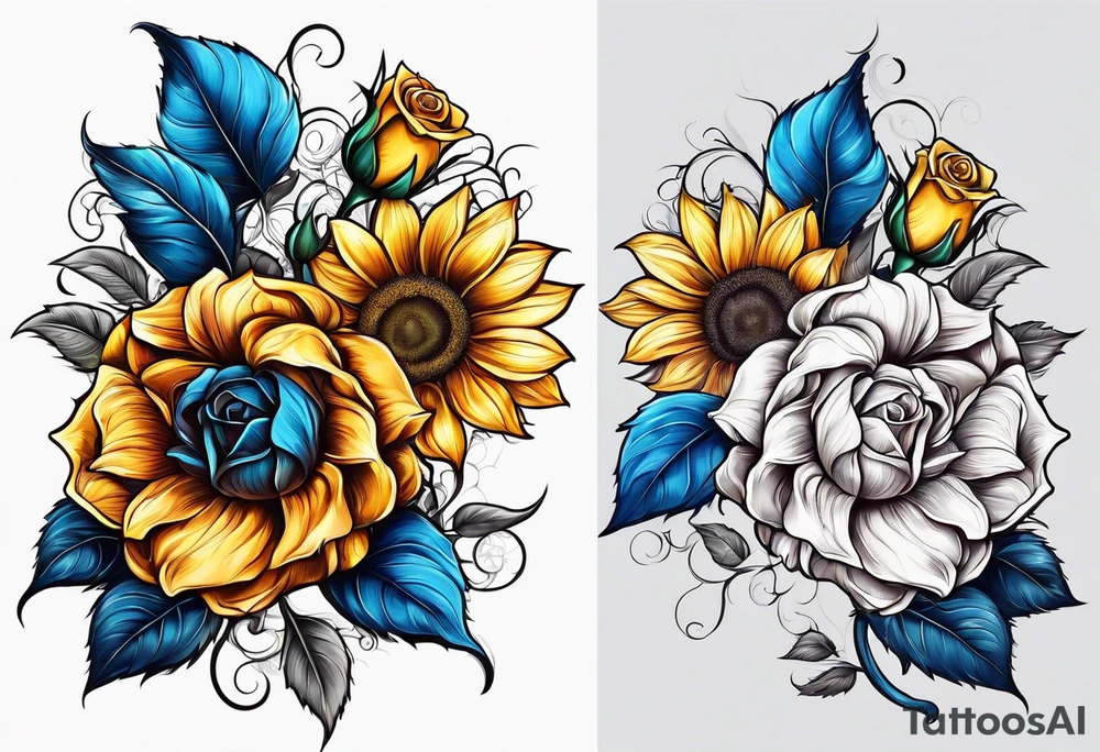 flower rose and blue, sunflower, tattoo idea