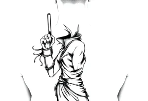 Assassin girl, standing from side with one raised hand tattoo idea