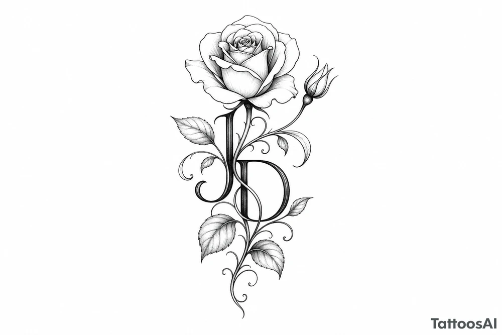 Intertwined J and D hidden within rose petals and leaves. tattoo idea