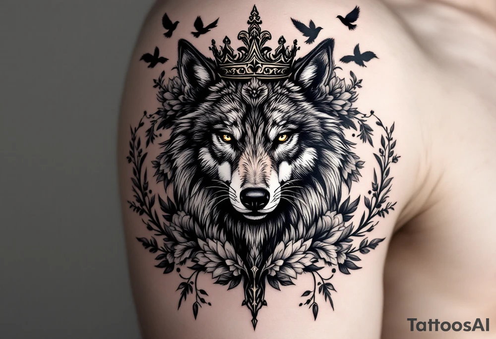powerful majestic wolf with a crown, surrounded by floral ornaments and birds tattoo idea