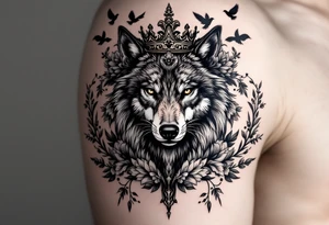 powerful majestic wolf  with a crown, surrounded by floral ornaments and birds tattoo idea