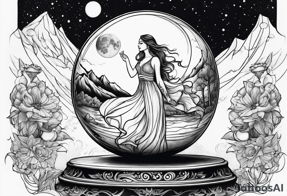 crystal ball that shows women dancing under a full moon tattoo idea