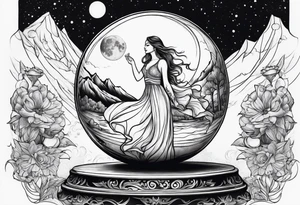 crystal ball that shows women dancing under a full moon tattoo idea