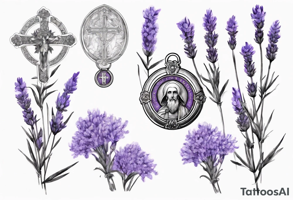 Double exposure of lavender flowers with the Saint Benedict medal, for a tattoo tattoo idea