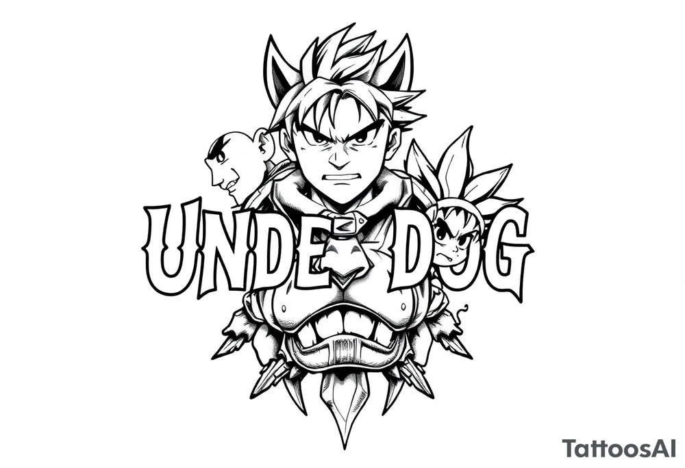 the word underdog in a with 3 anime characters
Ippo and Naruto and son Goku tattoo idea