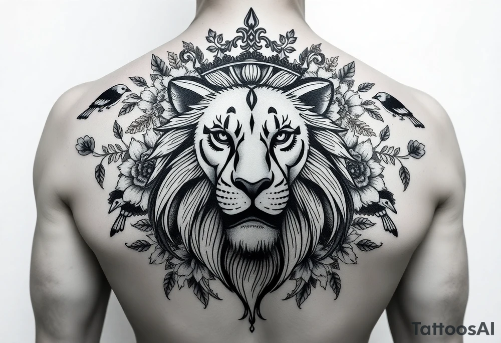 powerful majestic lion with a crown, surrounded by floral ornaments and birds tattoo idea