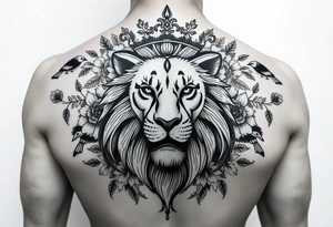 powerful majestic lion with a crown, surrounded by floral ornaments and birds tattoo idea
