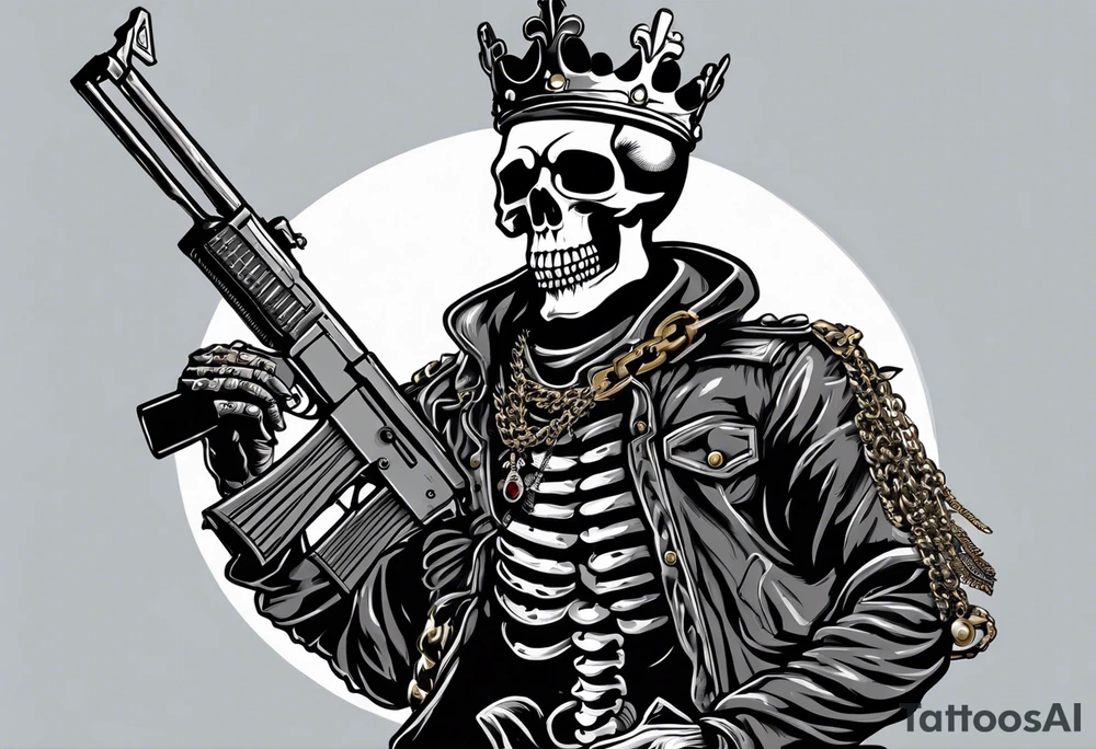 image of a skeleton standing frontally with a crown on his head, holding an AK-47 on his shoulder with his right hand. The chain on the left should be taut, there are three angry barking Dobermans in it, near the waist tattoo idea