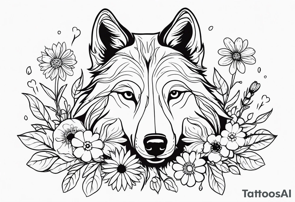 a wolf like dog, with flowers surrounding. birth flowers of family, aster, larkspur, marigold with a daisy growing near it tattoo idea