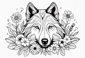 a wolf like dog, with flowers surrounding. birth flowers of family, aster, larkspur, marigold with a daisy growing near it tattoo idea