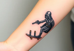 Darth Vader skateboarding with gun> bullets > memorial > god > colors > futuristic/space/star wars
add name "Darth Carter" on skateboard
add date 12/29/88-01/06/24 tattoo idea