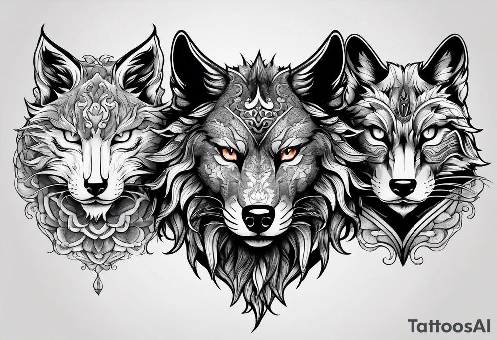 three animal heads merged. On the left chinese dragon head, in the middle feline cat head, on the right wolf head tattoo idea