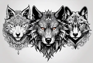 three animal heads merged. On the left chinese dragon head, in the middle feline cat head, on the right wolf head tattoo idea