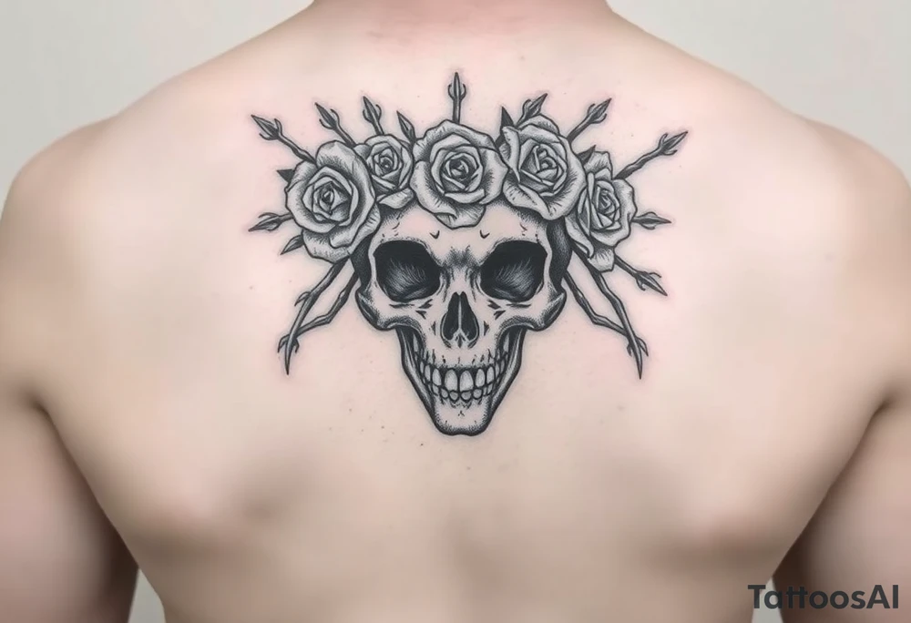 ornate skull adorned with crown of wild roses and thorns tattoo idea