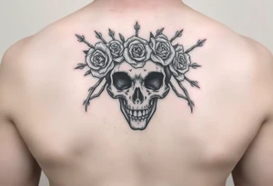 ornate skull adorned with crown of wild roses and thorns tattoo idea