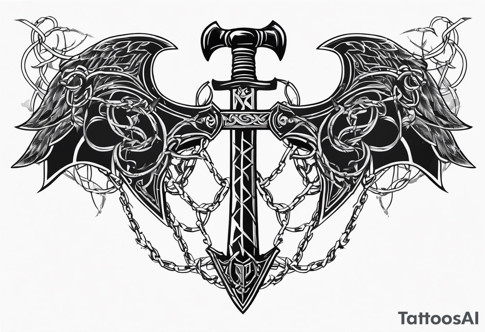 Valhalla sword shield axe barbed wire chains dark cloud tattoo idea