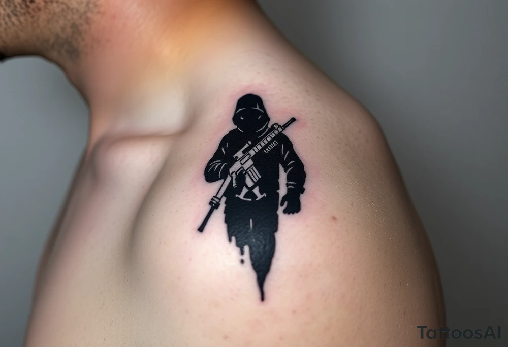 Minimalist covert operative symbolism representing loyalty and survival, faceless soldier silhouette emerging from darkness, torn fabric, subtle scars, controlled posture, black and grey realism, emotional restraint, understated strength, tattoo sleeve element. tattoo idea