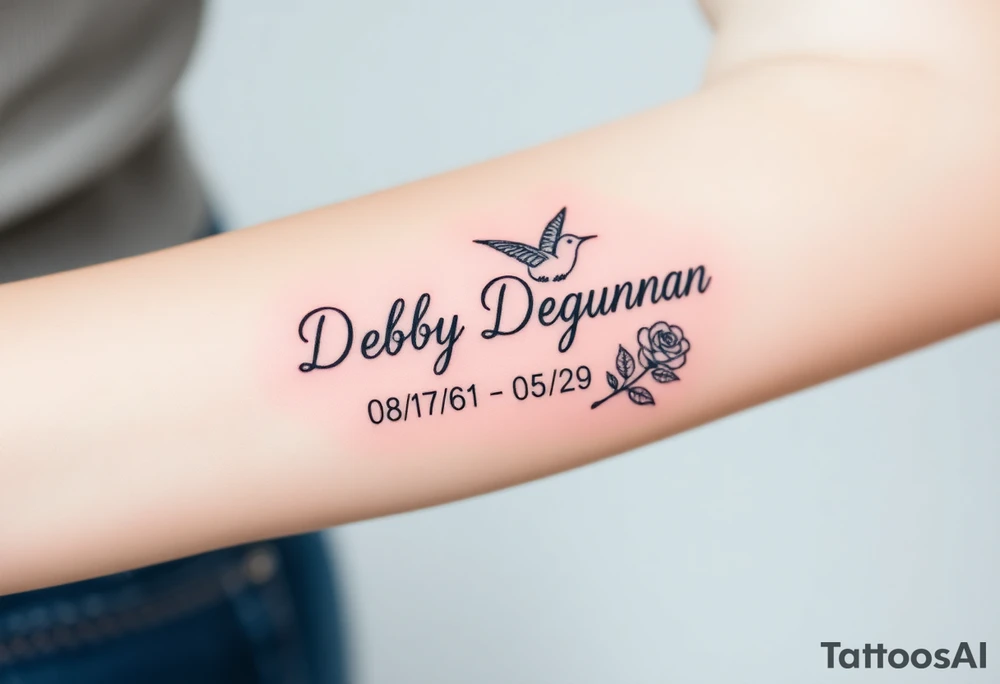 Tattoo of the exact name Debby Deguzman in chunky curly cursive with the exact dates of 08/17/61-05/29/25 surrounded by 1 hummingbird and 1 rose tattoo idea