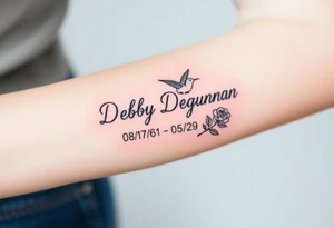 Tattoo of the exact name Debby Deguzman in chunky curly cursive with the exact dates of 08/17/61-05/29/25 surrounded by 1 hummingbird and 1 rose tattoo idea