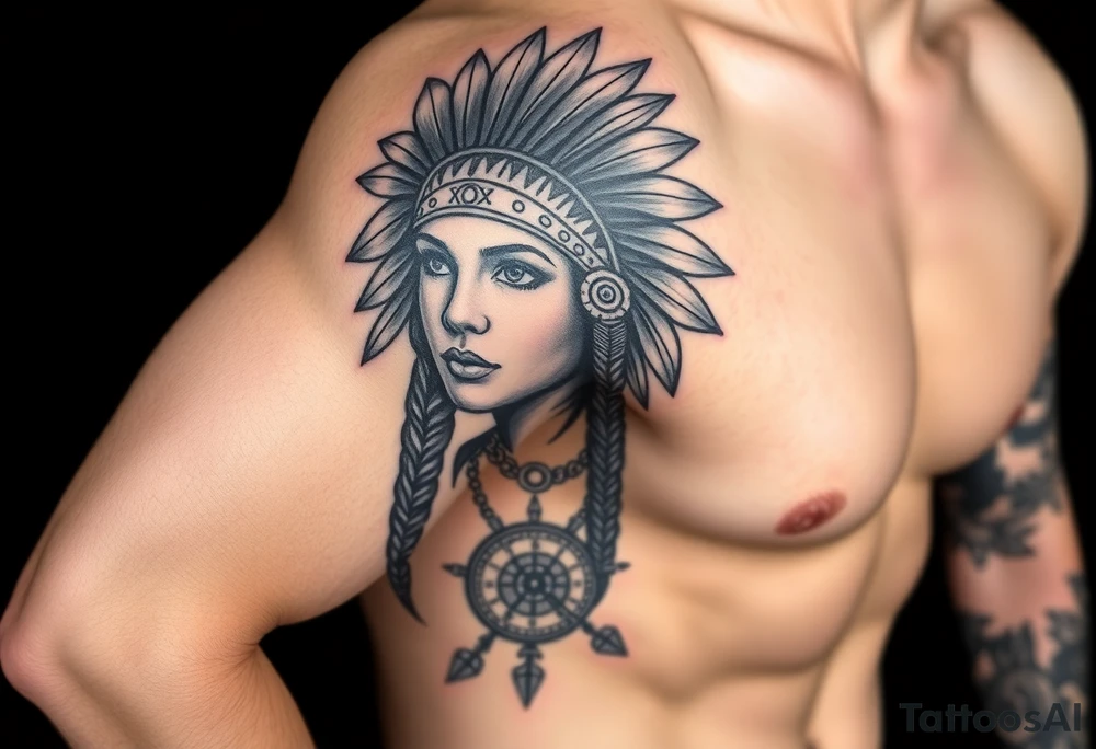 Native American girl with headdress in the sun a compass and a clock and arrowhead tattoo idea