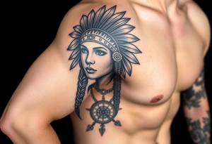 Native American girl with headdress in the sun a compass and a clock and arrowhead tattoo idea