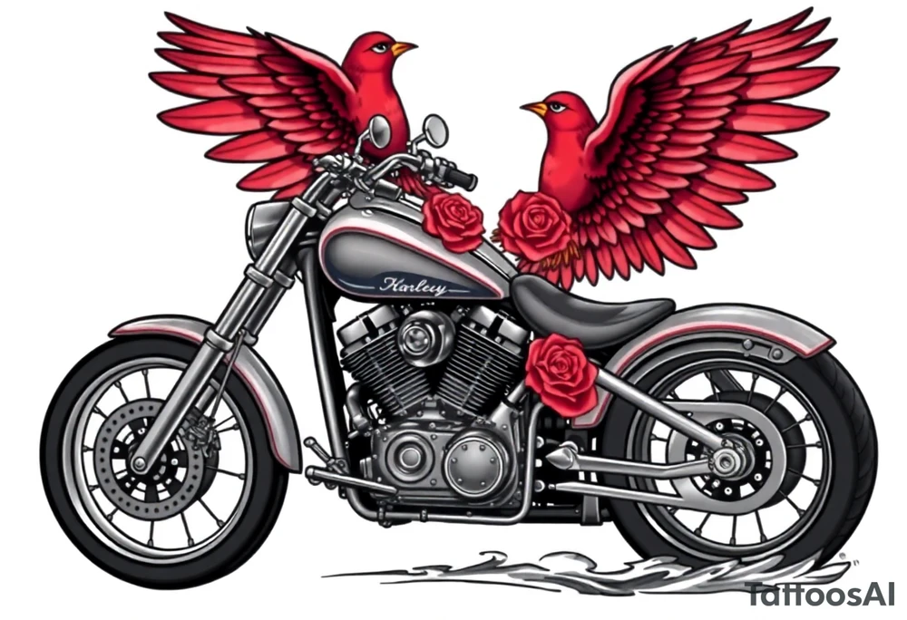 Harley grey motorcycle driving away, two red birds flying, roses, flames, angel wings tattoo idea