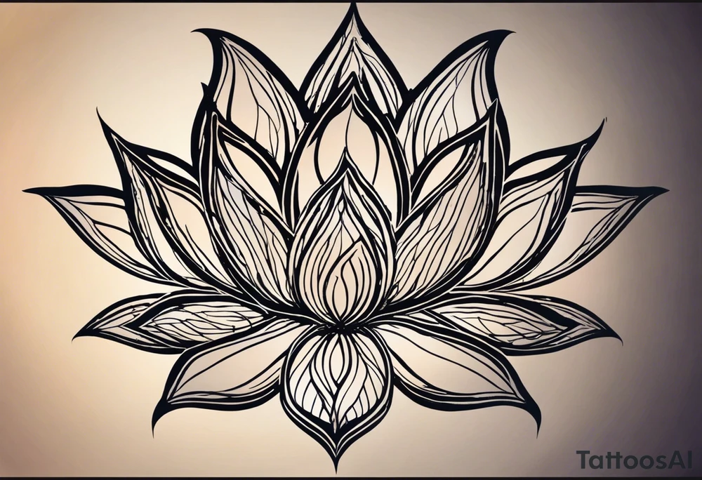 Make a tattoo of a lotus flower, stone, a science helix and a Greek delta in the shape of a lotus flowe that will take up the upper left portion of my back. the lotus’s leaves a rocky area to symbolize strength, a helix to symbolize resiliency and a Greek delta to symbolize transformation. The tattoo should overall represent resiliency and strength and present a strong, firm foundation that displays strength in the face of trauma. Make sure to also be able to identify the rock, the helix and the delta symbol separately and not mixed together as each element is important tattoo idea